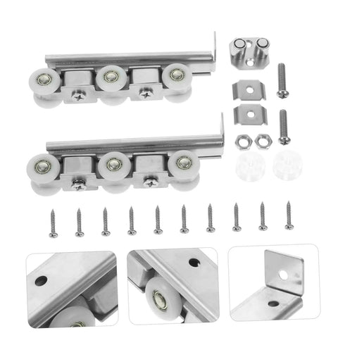 Premium Heavy Duty Barn Door Slider Track Wheel Kit components including roller units, screws, and brackets for easy installation.