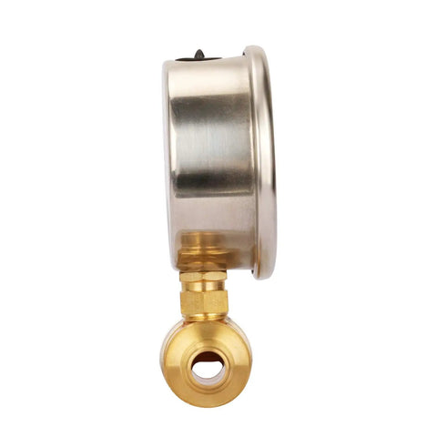 Side view of Pro Grade Pressure Washer Gauge Kit with brass quick connect, glycerin dial, 0-5000 PSI for power washers.