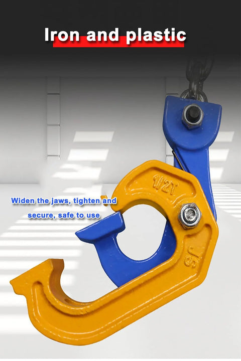 1Ton drum lifting clamp with yellow jaw and blue body, chain hanger for 30–55 gallon steel or plastic drums