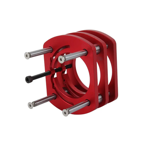 Red alloy clamp component for Rock Solid Aluminum Router Table Lift System With Zero Hassle Height Adjustments.