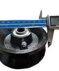 Measuring 4-inch cast iron v-groove gate wheel to confirm size