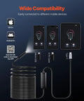 Endoscope Camera With 49.2ft Semi-Rigid Cable For Android And iOS, showing compatibility with various mobile devices and connections.