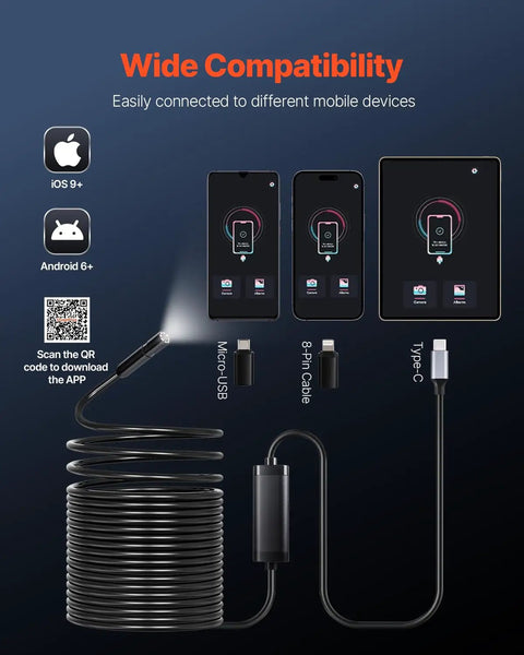Endoscope Camera With 49.2ft Semi-Rigid Cable For Android And iOS, showing compatibility with various mobile devices and connections.