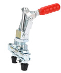 Double Head Push Pull Toggle Clamp Securely Locks Welding, Saws And Molds For Rock Solid Build Quality And Quick Release Clamping Action On Any Shop Job, with rubber head and metal handle.
