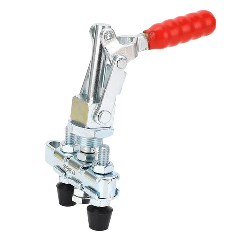 Double Head Push Pull Toggle Clamp Securely Locks Welding, Saws And Molds For Rock Solid Build Quality And Quick Release Clamping Action On Any Shop Job, with rubber head and metal handle.