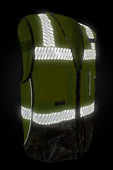 Kickass Class Two Surveyors Safety Vest Featuring Sleek Camo Lower Panel And Striking Reflective Taping Built From Zero Sweat Polyester Mesh For Daily Crew Grind Or Weekend Wild Hunt Ready Setup In Large, showcasing reflective taping.