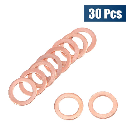30 Pack M8 Copper Flat Washers Built Like A Tank Sealing Rings, 12mm diameter, 1mm thick for automotive and home garage use.