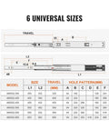 Diagram showing dimensions for full extension drawer slides with steel track, 6 universal sizes and hole patterns.