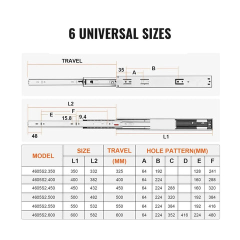 Diagram showing dimensions for full extension drawer slides with steel track, 6 universal sizes and hole patterns.