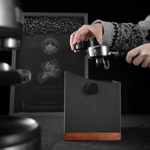 2.5L Large Espresso Knock Box With Shock Absorbent Silicone Knock Bar Metal And Walnut Wood Coffee Grounds Container in use