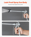 Pro Move Airless Paint Spray Gun And Hose Kit Featuring 3600 PSI Pressure Rating, aluminum spray gun body in use.