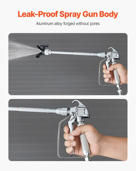 Pro Move Airless Paint Spray Gun And Hose Kit Featuring 3600 PSI Pressure Rating, aluminum spray gun body in use.