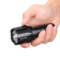 Hand holding Ms03 13000 Lumen LED Flashlight With 3 Cree XHP70 2 LEDs Tactical EDC Light Beast Mode Brightness, compact size.