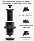 Electric Automatic Coffee Portafilter Cleaner Kicks Out Wet Grounds Fast includes three brush heads for different powder bowl shapes.