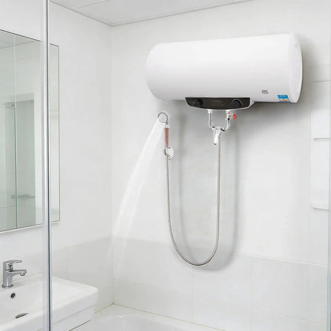 Rock Solid 15.9 Gallon Electric Water Heater With 1500 Watt Fast Heating Element mounted under sink, providing hot water for quick showers.
