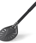 Leightszen pizza turning peel with long black handle and perforated aluminum blade.