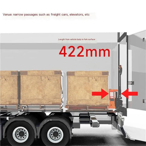 Heavy Duty Full Electric Pallet Jack Truck With 6600 Lb Capacity dimensions in narrow passage with pallets on truck trailer.