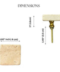Dimensions of Beige Travertine Square Cabinet Knob Set Of 6 With Screws, side and front view with measurement details.