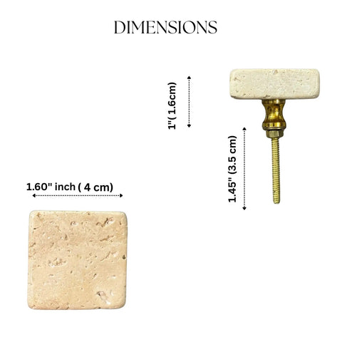 Dimensions of Beige Travertine Square Cabinet Knob Set Of 6 With Screws, side and front view with measurement details.