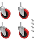 4 Pack Heavy Duty Swivel Caster Wheels 2.5 Inch Diameter For Rolling Shop Carts And Heavy Load Furniture With Heavy Hauler Ball Bearing Threaded Stem Casters showing red and black polyurethane wheels.