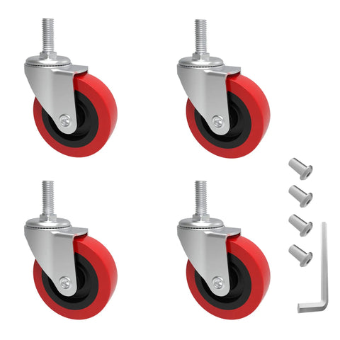 4 Pack Heavy Duty Swivel Caster Wheels 2.5 Inch Diameter For Rolling Shop Carts And Heavy Load Furniture With Heavy Hauler Ball Bearing Threaded Stem Casters showing red and black polyurethane wheels.