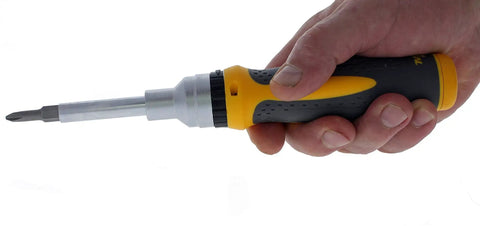 Pro Grade 9-In-1 Ratcheting Nut Driver And Screwdriver Set For Electricians in hand, chrome vanadium build, 28-tooth system