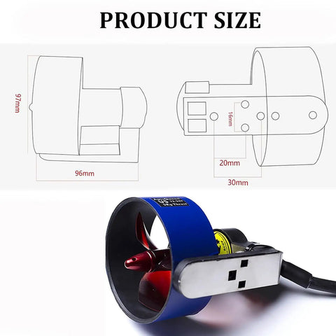 U5 Underwater Thruster 12-24V 800W Brushless Motor With Dimensions Diagram Highlighting Compact Design