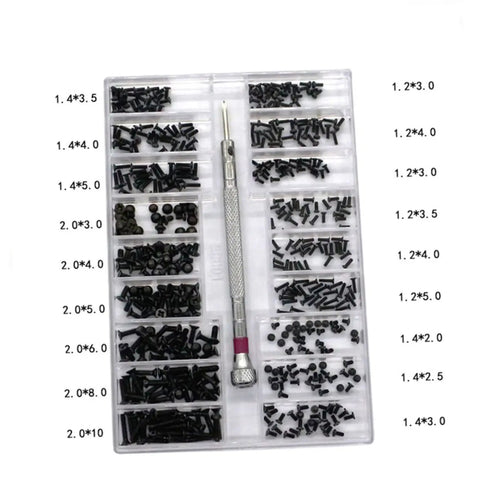 Two Piece Miniature Screw Set With Countersunk Round Screws For Small Machines Notebooks And Glasses Repair shown in storage box