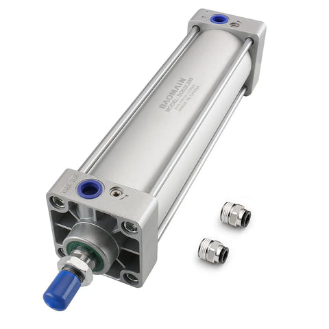 Beefy And Rugged Heavy Duty Pneumatic Air Cylinder With Two And One Half Inch Bore And Seven Point Eight Seven Inch Stroke Double Acting Single Rod M16 By One And A Half Threaded Rod Includes Two Push In Fittings Port Three Eighths