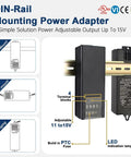 Four Channel 12V 5A DIN Rail CCTV Power Supply Adapter With LED Indicator Four Way Distribution Auto Sensing Over Voltage Under Voltage Protection Overload And Short Circuit Protection UL Listed, black DIN-rail mount