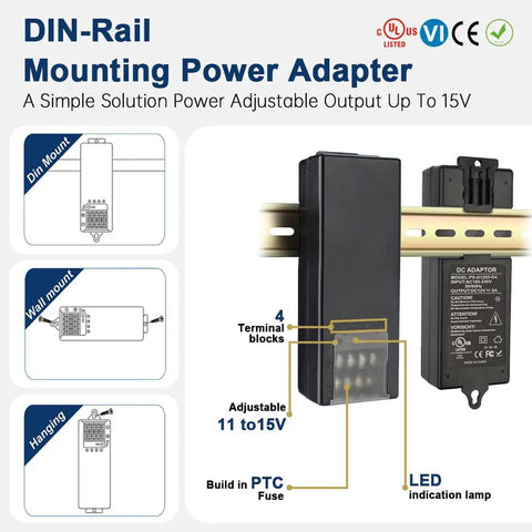 Four Channel 12V 5A DIN Rail CCTV Power Supply Adapter With LED Indicator Four Way Distribution Auto Sensing Over Voltage Under Voltage Protection Overload And Short Circuit Protection UL Listed, black DIN-rail mount
