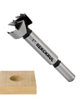 1 Inch Forstner Drill Bit For Woodworking With Ultra Sharp Serrated Edge And Center Spur For Precise Starts And Clean Flat Bottom Holes In Hardwood Plywood And Plastic Pro Grade Hinge Installations Pocket Holes And Overlaps on display with sample wood block.