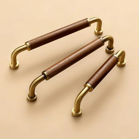 4 Pack 3.8 Inch Gold Walnut Wood Brass Drawer Pull Handles for Dresser Cabinet Wardrobe displayed on beige background