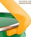 Heavy Duty 55 Gallon Vertical Drum Clamp Lifter With 1100 Pound Capacity For Steel Or Plastic Drums shown gripping a green drum.