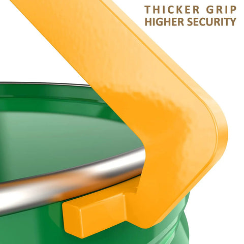 Heavy Duty 55 Gallon Vertical Drum Clamp Lifter With 1100 Pound Capacity For Steel Or Plastic Drums shown gripping a green drum.