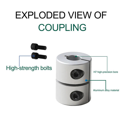 Rigid Shaft Coupler 20mm OD, 25mm Length, Bore 6mm To 6.35mm, Aluminum Alloy Anodized Coupling For Power Transmission Systems, Precision H7 Fit, Built Tough Shaft Connector For Machinery; exploded view