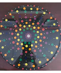 Mandala Dot Design 12 Inch Lazy Susan Turntable with Resin Finish, bright multicolored dots on wooden rim, top view.