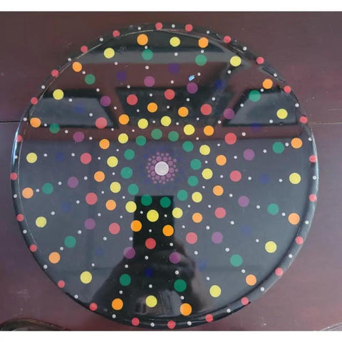 Mandala Dot Design 12 Inch Lazy Susan Turntable with Resin Finish, bright multicolored dots on wooden rim, top view.
