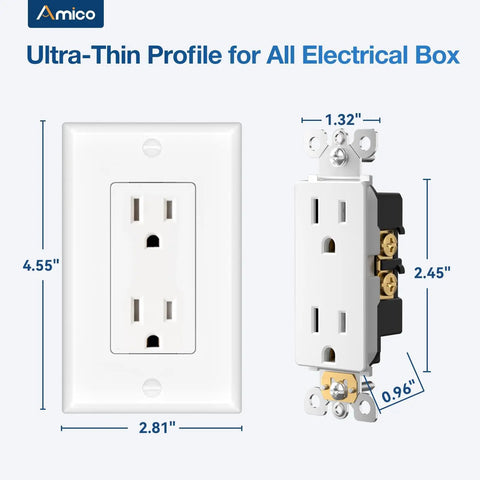 50 Pack Wall Outlet With Tamper Resistant 15 Amp Receptacles And Wall Plate, UL Listed 125V 1875W Decorator Style Electrical Outlet