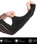 Snag These Chill Premium Arm Sleeves With Epic Us Flag Print Ultra Cool Ice Silk Fabric For All Day Sun Protection Breathable UV Blocking Guards That Keep You Fresh During Outdoor Work Or Gym Sessions, showing a hand pulling the black ice silk sleeve.
