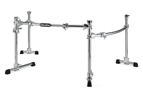 Curved Three Sided Drum Rack With Four Heavy Duty T Legs And Straight Up Secure Multi Clamp Mounts For Killer Pro Gig Rig Setup seen from the side.