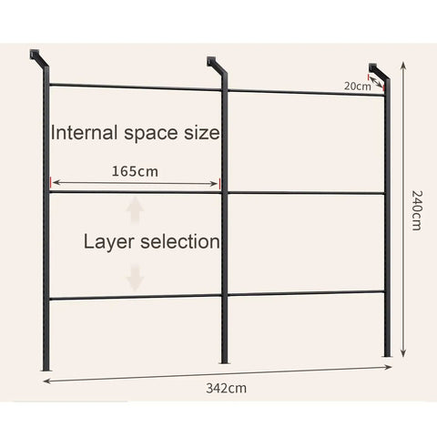 Diagram of Wall Mount Heavy Duty Vinyl Storage Rack With 2 Row Metal Display dimensions, 165cm spacing, 240cm height.