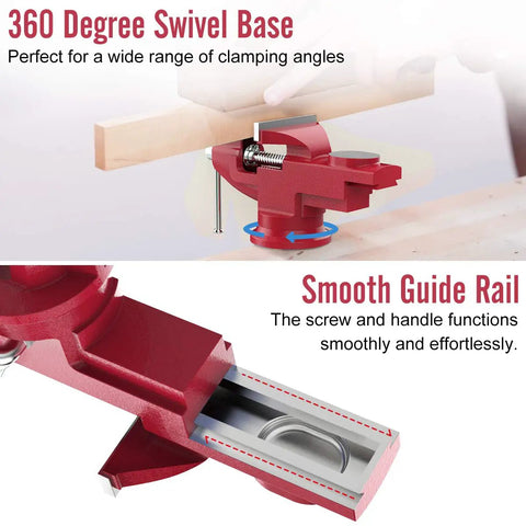 Beefy Universal Table Vise 3 Inch Jaw Opening With 360 Degree Swivel Base Bench Clamp For Woodworking And Metalworking, Thickened 0.2 Inch Jaw For Grip That Won't Budge, Fits Most Workbenches, 360° swivel base and smooth guide rail
