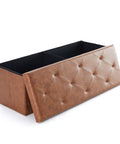 43 Inch Folding Storage Ottoman With Bench And Foot Rest End Of Bed Organizer Brown Synthetic Leather Upholstered Stool Heavy Duty 660 Lb Weight Capacity Perfect Living Room Storage And Extra Seating, open lid showing storage space.