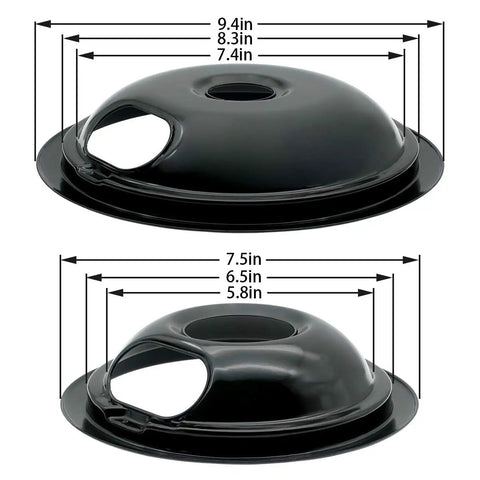 Porcelain Drip Pan Replacement Set For 6 And 8 Inch Electric Range Burners, top and side view with dimensions shown.