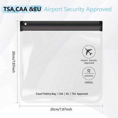 Clear TSA Approved Security Toiletry Bags Quart Size For EU UK And US Carry-On Regulations with dimensions and labels visible