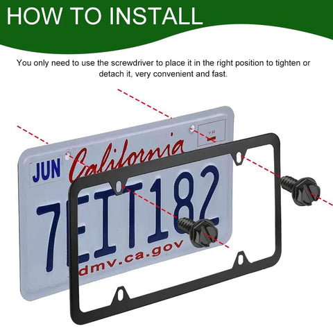 How to install Built Tough 4Pc Matte Black License Plate Screws and Security Bolts with a license plate on display.