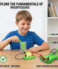 Child using Hands On Electricity Lab Kit with hand crank generator, mini DC motor, and wind-powered cart for fun electric experiments.