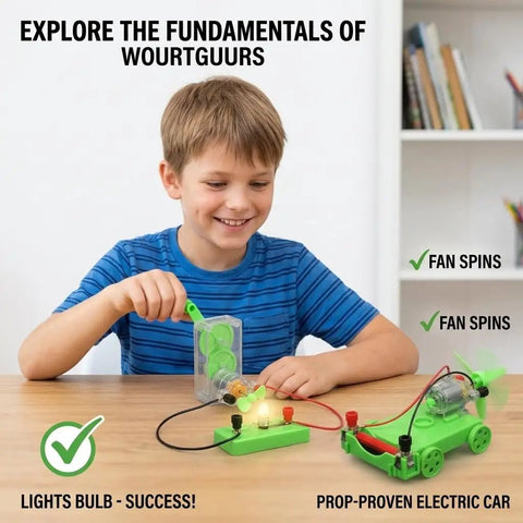 Child using Hands On Electricity Lab Kit with hand crank generator, mini DC motor, and wind-powered cart for fun electric experiments.