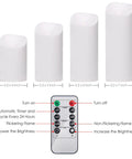 Lit 12 Pack Flameless LED Candles Battery Operated Waterproof Pillars With 2 Remote Controls shown with four pillar heights and remote features.